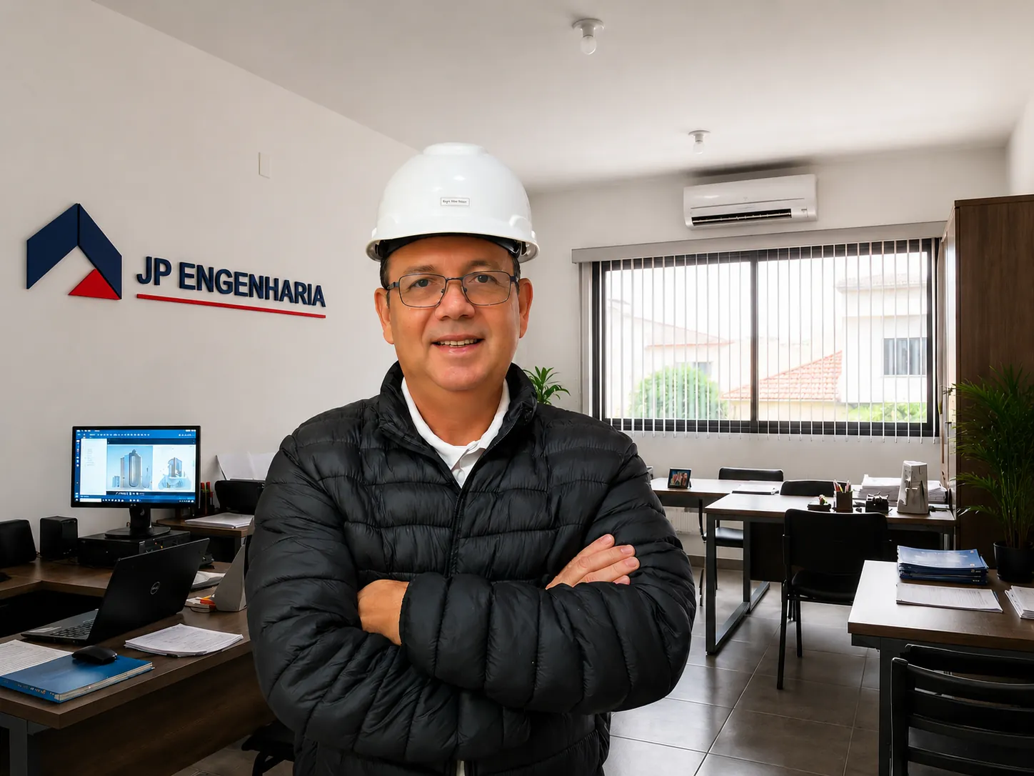 Engenheiro João Pedro de capacete no escritório da JP Engenharia